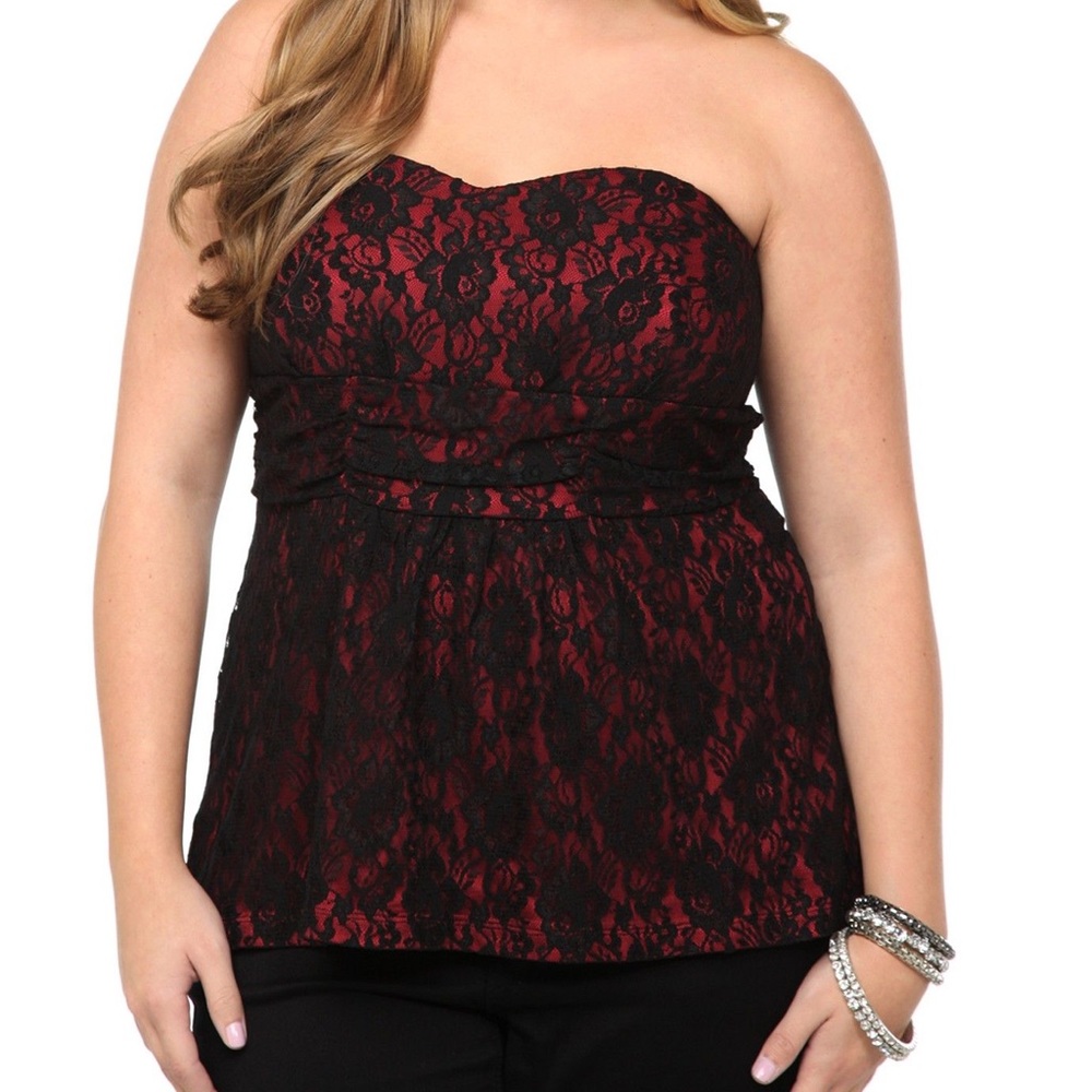 Red lace strapless top by Torrid